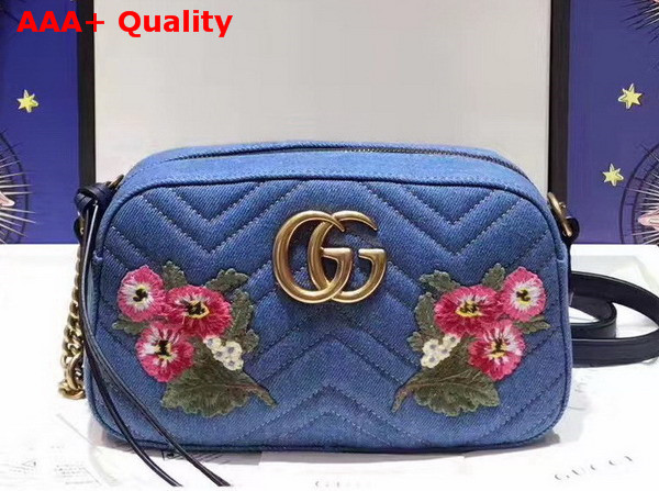 Gucci GG Marmont Embroidered Denim Shoulder Bag Blue Chevron Replica