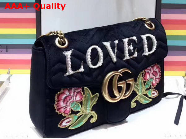 Gucci GG Marmont Embroidered Velvet Bag Loved Applique Black Chevron Velvet Replica