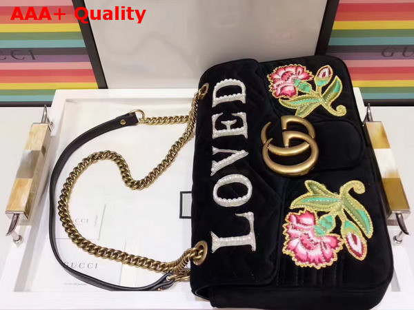 Gucci GG Marmont Embroidered Velvet Bag Loved Applique Black Chevron Velvet Replica