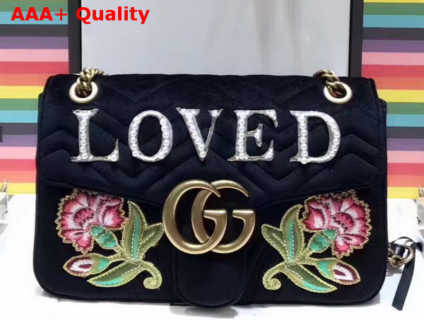 Gucci GG Marmont Embroidered Velvet Bag Loved Applique Black Chevron Velvet Replica