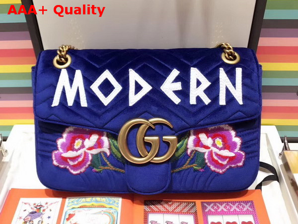 Gucci GG Marmont Embroidered Velvet Bag Modern Applique Blue Chevron Velvet Replica