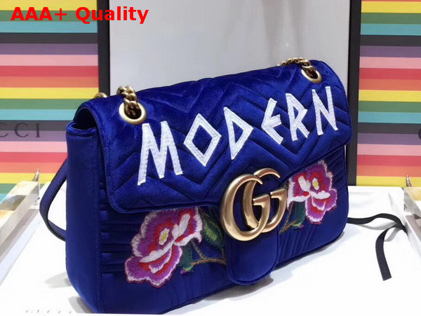 Gucci GG Marmont Embroidered Velvet Bag Modern Applique Blue Chevron Velvet Replica