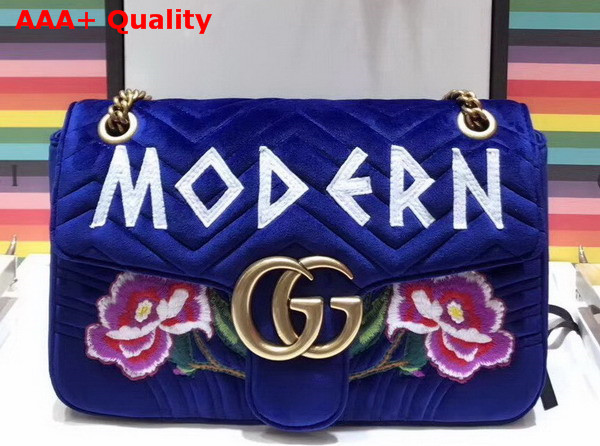 Gucci GG Marmont Embroidered Velvet Bag Modern Applique Blue Chevron Velvet Replica