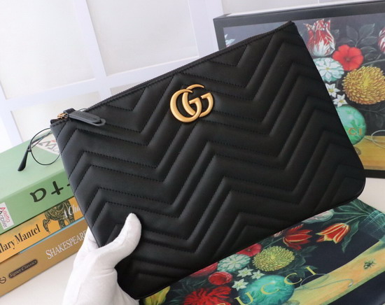 Gucci GG Marmont Leather Pouch in Black Matelasse Chevron Leather with Heart 525541