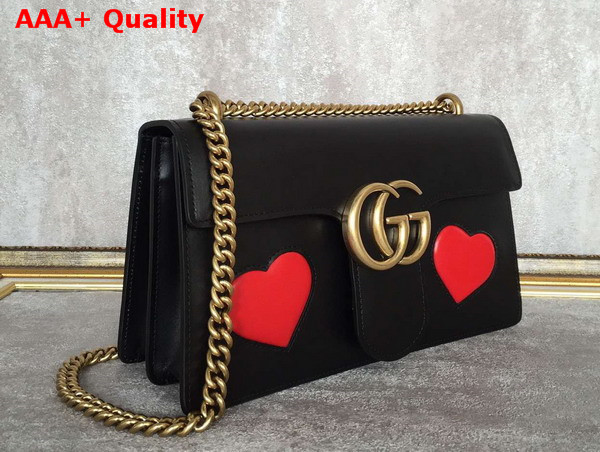 Gucci GG Marmont Leather Shoulder Bag in Black with Embedded Red Hearts Replica