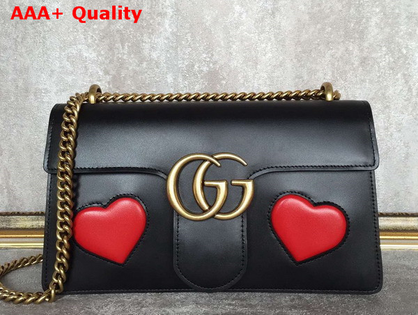 Gucci GG Marmont Leather Shoulder Bag in Black with Embedded Red Hearts Replica