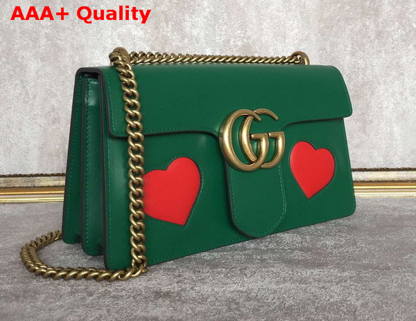 Gucci GG Marmont Leather Shoulder Bag in Green with Embedded Red Hearts Replica