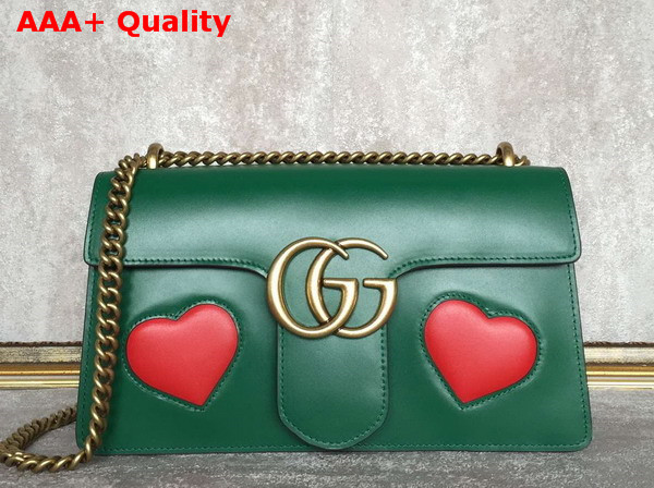 Gucci GG Marmont Leather Shoulder Bag in Green with Embedded Red Hearts Replica