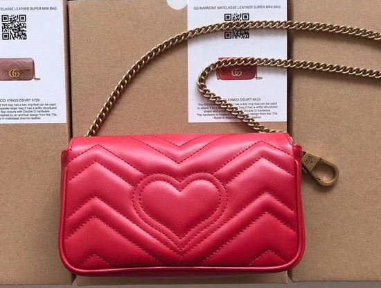 Gucci GG Marmont Matelasse Leather Super Mini Bag in Hibiscus Red Chevron Leather 476433 Replica