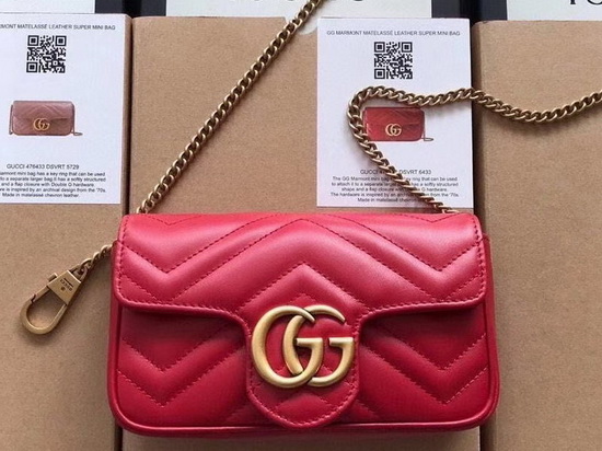 Gucci GG Marmont Matelasse Leather Super Mini Bag in Hibiscus Red Chevron Leather 476433 Replica