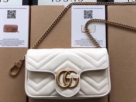 Gucci GG Marmont Matelasse Leather Super Mini Bag in White Chevron Leather 476433 Replica