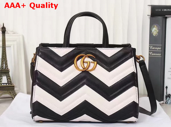 Gucci GG Marmont Matelasse Top Handle Bag Black and White Chevron Leather Replica