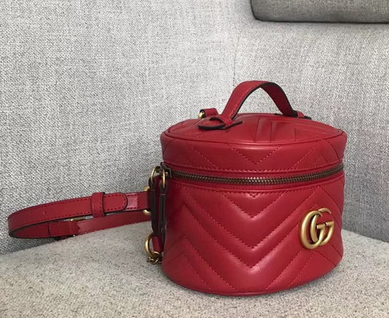 Gucci GG Marmont Mini Backpack in Hibiscus Red Matelasse Chevron Leather with a Heart on The Back 598594