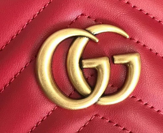 Gucci GG Marmont Mini Backpack in Hibiscus Red Matelasse Chevron Leather with a Heart on The Back 598594