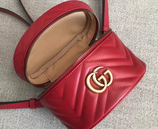 Gucci GG Marmont Mini Backpack in Hibiscus Red Matelasse Chevron Leather with a Heart on The Back 598594