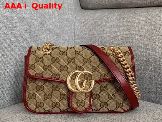 Gucci GG Marmont Mini Bag Beige Ebony Original GG Canvas and Red Leather Trim 446744 Replica