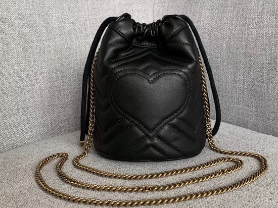 Gucci GG Marmont Mini Bucket Bag in Black Matelasse Chevron Leather with a Heart on The Back 575163