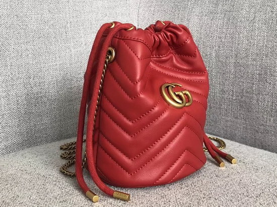 Gucci GG Marmont Mini Bucket Bag in Hibiscus Red Matelasse Chevron Leather with a Heart on The Back 575163