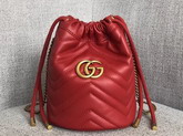 Gucci GG Marmont Mini Bucket Bag in Hibiscus Red Matelasse Chevron Leather with a Heart on The Back 575163