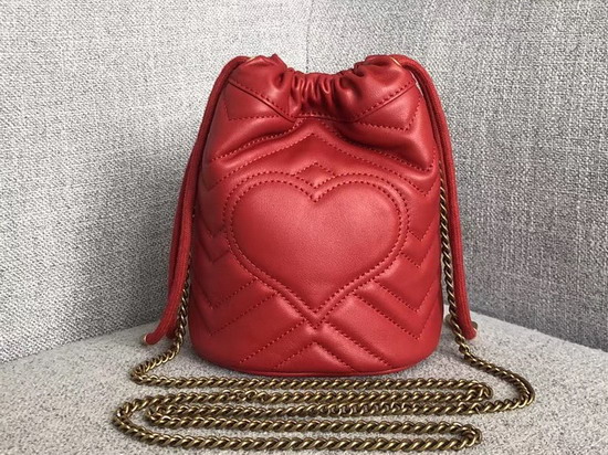 Gucci GG Marmont Mini Bucket Bag in Hibiscus Red Matelasse Chevron Leather with a Heart on The Back 575163