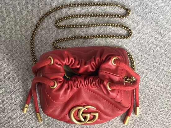 Gucci GG Marmont Mini Bucket Bag in Hibiscus Red Matelasse Chevron Leather with a Heart on The Back 575163