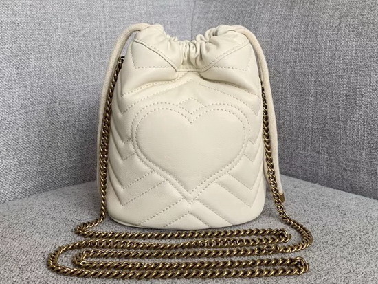 Gucci GG Marmont Mini Bucket Bag in White Matelasse Chevron Leather with a Heart on The Back 575163