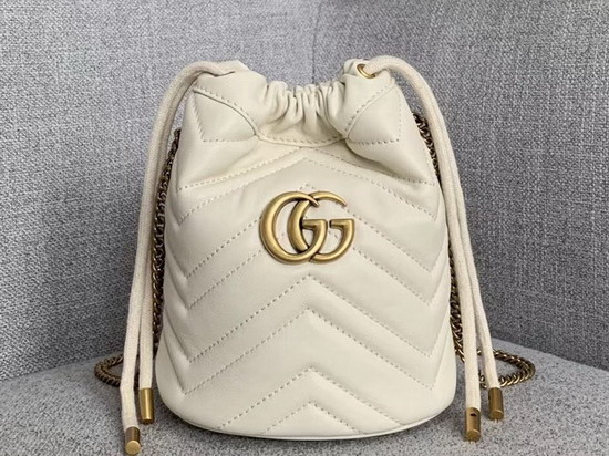 Gucci GG Marmont Mini Bucket Bag in White Matelasse Chevron Leather with a Heart on The Back 575163