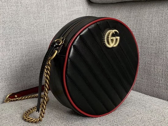 Gucci GG Marmont Mini Round Shoulder Bag Black Diagonal Matelasse Leather with a Vintage Effect 550154