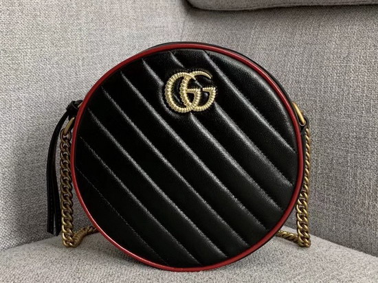 Gucci GG Marmont Mini Round Shoulder Bag Black Diagonal Matelasse Leather with a Vintage Effect 550154