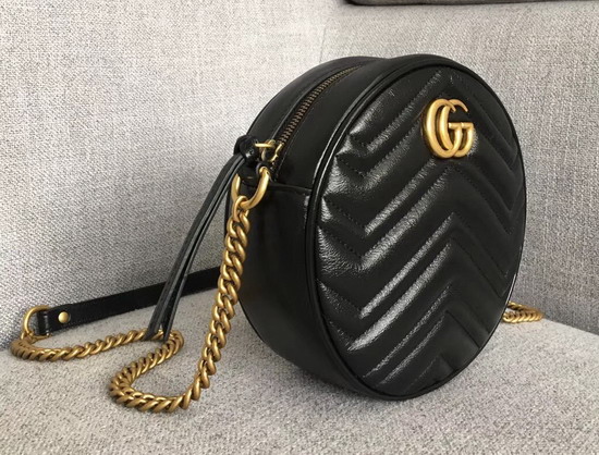 Gucci GG Marmont Mini Round Shoulder Bag Black Matelasse Chevron Leather with Heart