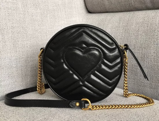 Gucci GG Marmont Mini Round Shoulder Bag Black Matelasse Chevron Leather with Heart