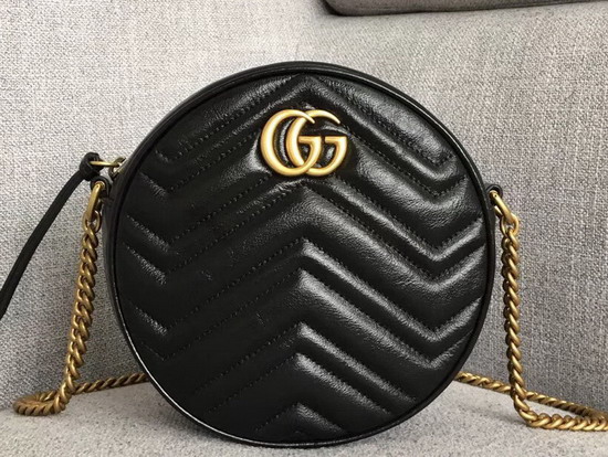 Gucci GG Marmont Mini Round Shoulder Bag Black Matelasse Chevron Leather with Heart