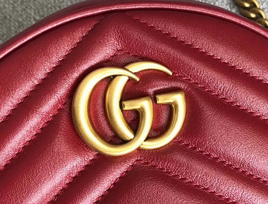 Gucci GG Marmont Mini Round Shoulder Bag Hibiscus Red Matelasse Chevron Leather with Heart