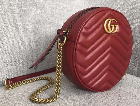 Gucci GG Marmont Mini Round Shoulder Bag Hibiscus Red Matelasse Chevron Leather with Heart