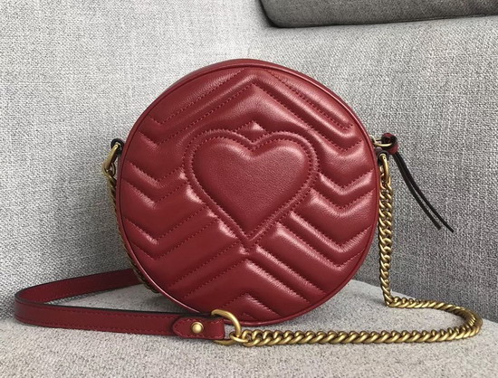 Gucci GG Marmont Mini Round Shoulder Bag Hibiscus Red Matelasse Chevron Leather with Heart