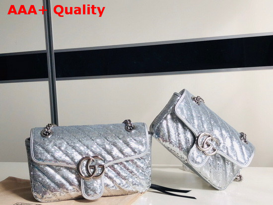 Gucci GG Marmont Mini Sequin Shoulder Bag Silver Silk 446744 Replica