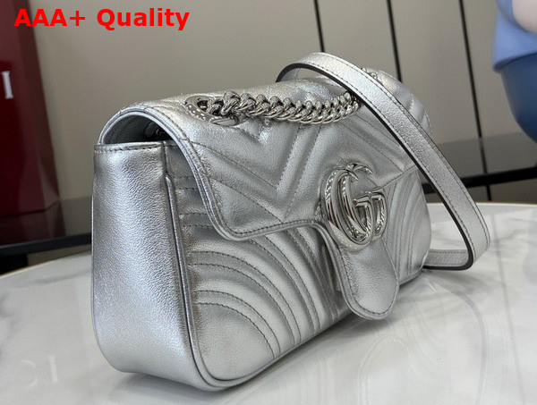 Gucci GG Marmont Mini Shoulder Bag in Silver Matelasse Chevron Leather 446744 Replica