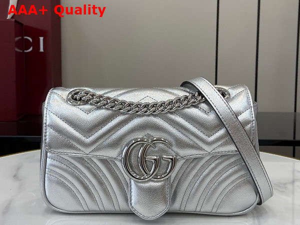 Gucci GG Marmont Mini Shoulder Bag in Silver Matelasse Chevron Leather 446744 Replica