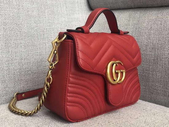 Gucci GG Marmont Mini Top Handle Bag Hibiscus Red Matelasse Chevron Leather 547260