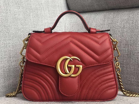 Gucci GG Marmont Mini Top Handle Bag Hibiscus Red Matelasse Chevron Leather 547260