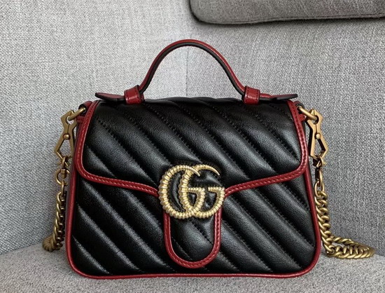 Gucci GG Marmont Mini Top Handle Bag in Black Diagonal Metalasse Leather with a Vintage Effect 583571