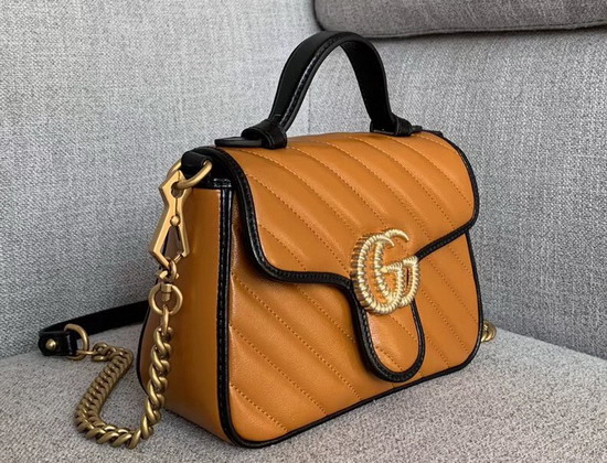 Gucci GG Marmont Mini Top Handle Bag in Cognac Diagonal Metalasse Leather with a Vintage Effect 583571