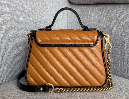 Gucci GG Marmont Mini Top Handle Bag in Cognac Diagonal Metalasse Leather with a Vintage Effect 583571