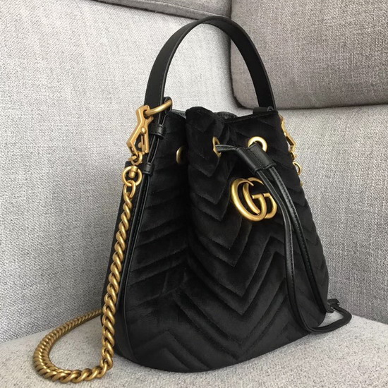 Gucci GG Marmont Quilted Velvet Bucket Bag in Black