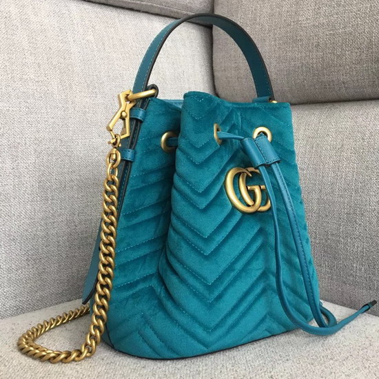 Gucci GG Marmont Quilted Velvet Bucket Bag in Petrol Blue