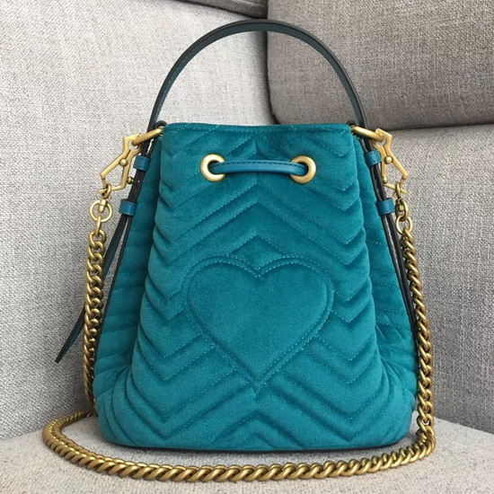 Gucci GG Marmont Quilted Velvet Bucket Bag in Petrol Blue