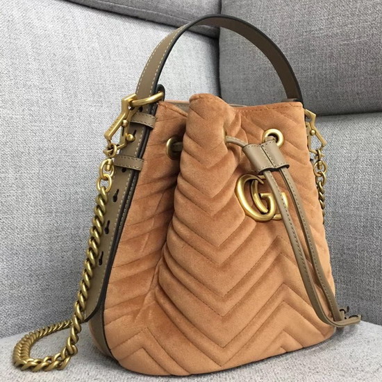 Gucci GG Marmont Quilted Velvet Bucket Bag in Tan