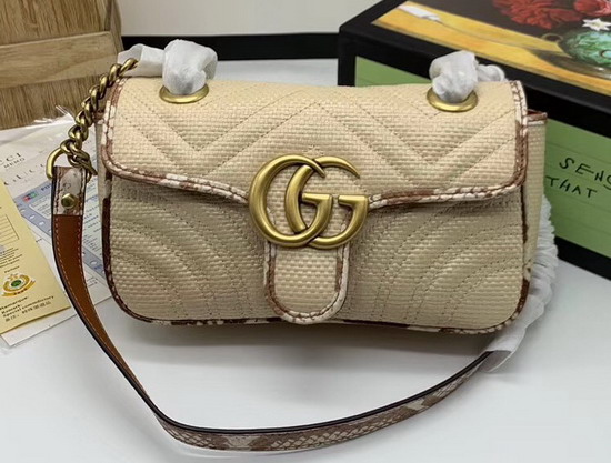 Gucci GG Marmont Raffia Mini Shoulder Bag Beige Raffia with Cream and Brown Snakeskin Trim