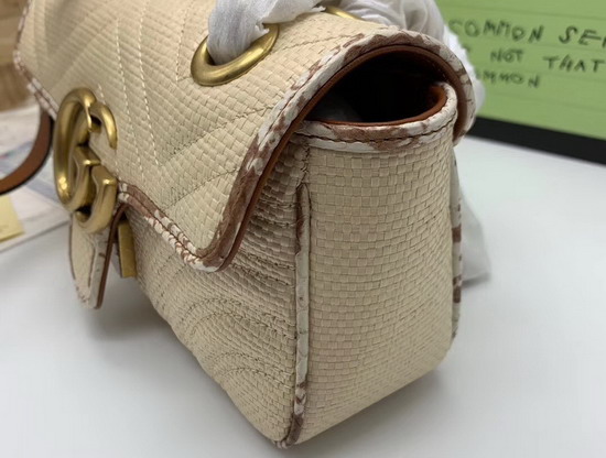 Gucci GG Marmont Raffia Mini Shoulder Bag Beige Raffia with Cream and Brown Snakeskin Trim