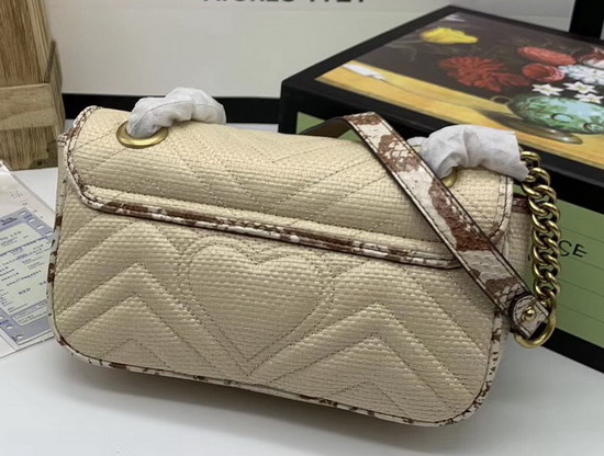 Gucci GG Marmont Raffia Mini Shoulder Bag Beige Raffia with Cream and Brown Snakeskin Trim